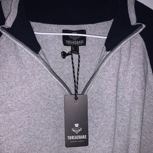 Grey and Navy Blue Quarter Zip Knit Sweater - Picture 3 of 9